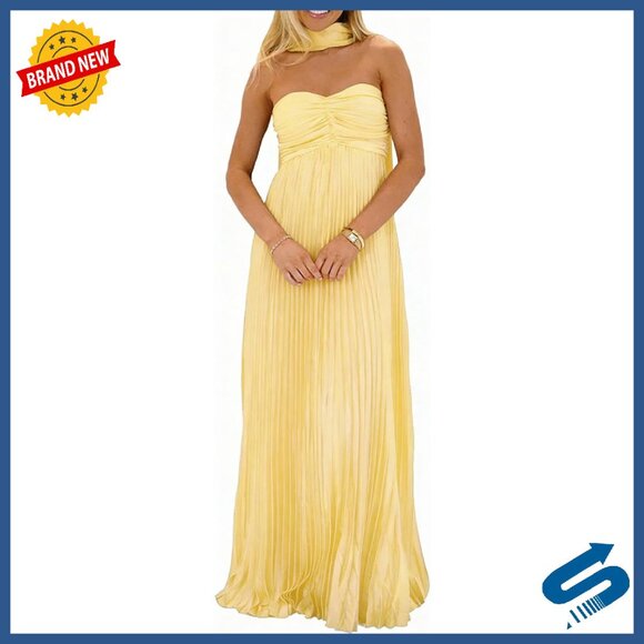 Strapless Pleated Formal Dress with Scarf Polyester Flowy Long Gown